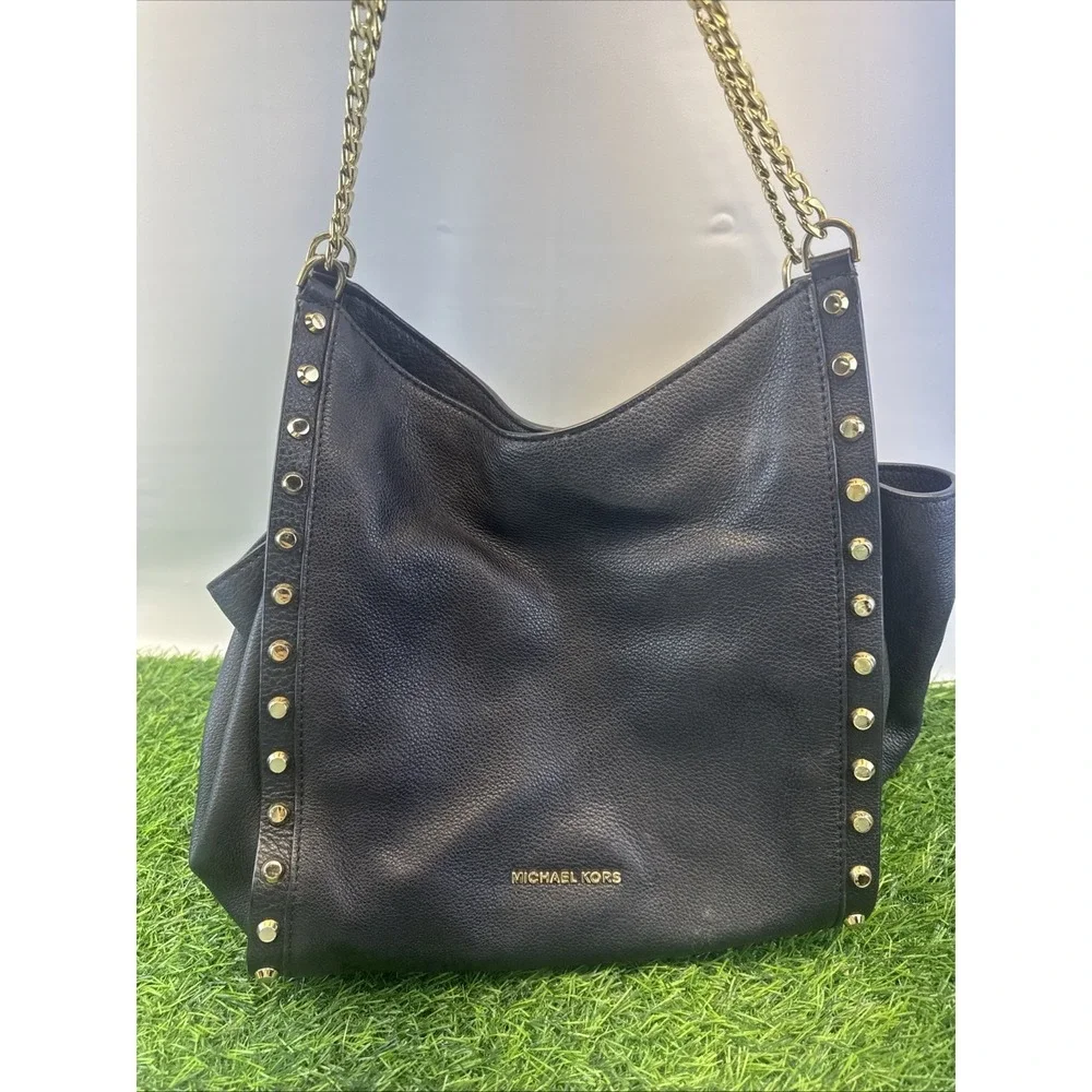 MICHAEL KORS Newbury Black STUDDED Gold Chain BLACK Leather HOBO Bag Tote Purse